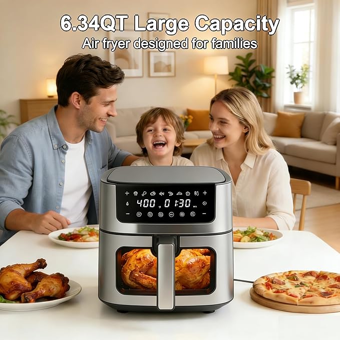 HealSmart 6.34 Qt Air Fryer with Window, 8-in-1 Digital AirFryer Oven, 1700W, Nonstick Dishwasher-Safe Basket, Air Fry, Roast, Dehydrate, 90-Min Timer, Stainless Steel, Gray