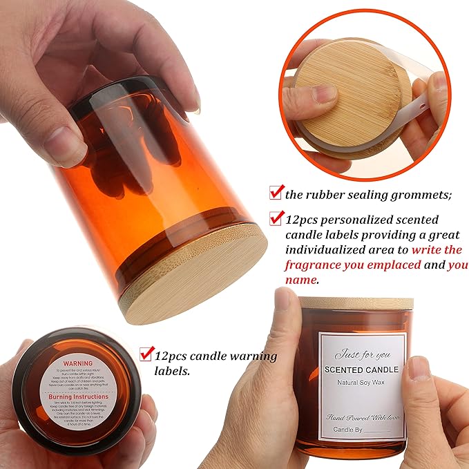 MILIVIXAY 12 Pack 7 OZ Amber Glass Candle Jars with Lids and Candle Making Kits - Bulk Empty Candle Jars for Making Candles - Spice, Powder Containers.