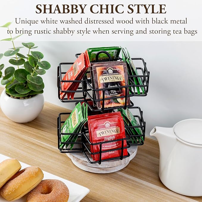 MyGift 8 Compartment Tea Bag Organizer Carousel, Black Metal Wire Packet Holder and 360 Degree Spinning White Washed Solid Wood Base, Coffee Station Storage Caddy