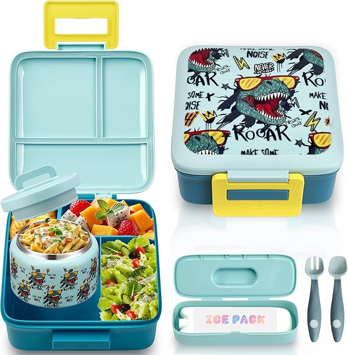 Bento Lunch Box for Kids with 8oz Soup Thermo Leak-Proof Lunch Food Containers with Snack Sauce Container for Kid Toddler Girls Boys to School (Screaming Dinosaur)