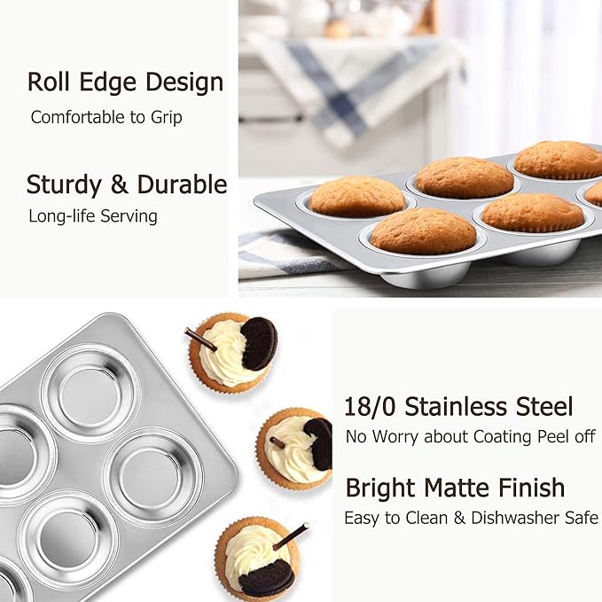 TeamFar Muffin Pan, 6 Cup Muffin Baking Tins Pans, Cupcake Pan Tray Set Stainless Steel for Baking Cakes Cornbread Tarts and More, Healthy & Non Toxic, Oven & Dishwasher Safe - Set of 3