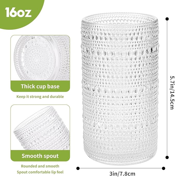 16oz Clear Hobnail Drinking Glasses with Straws Set of 12, Highball Glasses Cups, Kitchen Water Glasses Cup, for Cocktail, Juice, Whiskey, Milk and Various Mixed Drinks