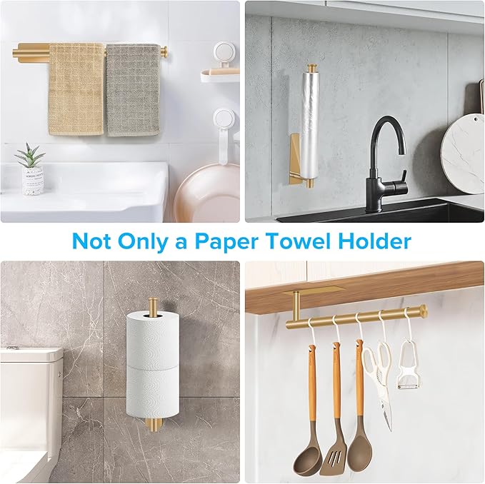2nd Gen Paper Towel Holder Under Cabinet No Drilling, [More Sturdy] Self Adhesive or Drilling Paper Towel Holder Wall Mount for Kitchen, RV, [Fit Mega Paper Towel Roll] SUS304 Stainless Steel
