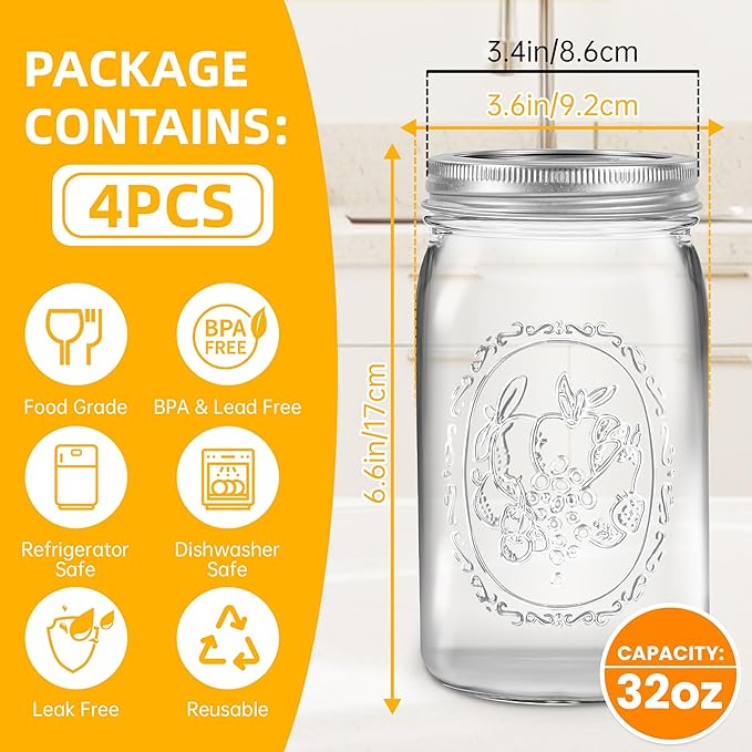 Miuyhji Wide Mouth Mason Jars 32 oz with Lids [4 Pack], Canning Jars with Metal Airtight Lids and Bands, 32 oz Glass Jars for Fermenting, Pickling, Freezing, Preserving, Meal Prep, Jar Décor