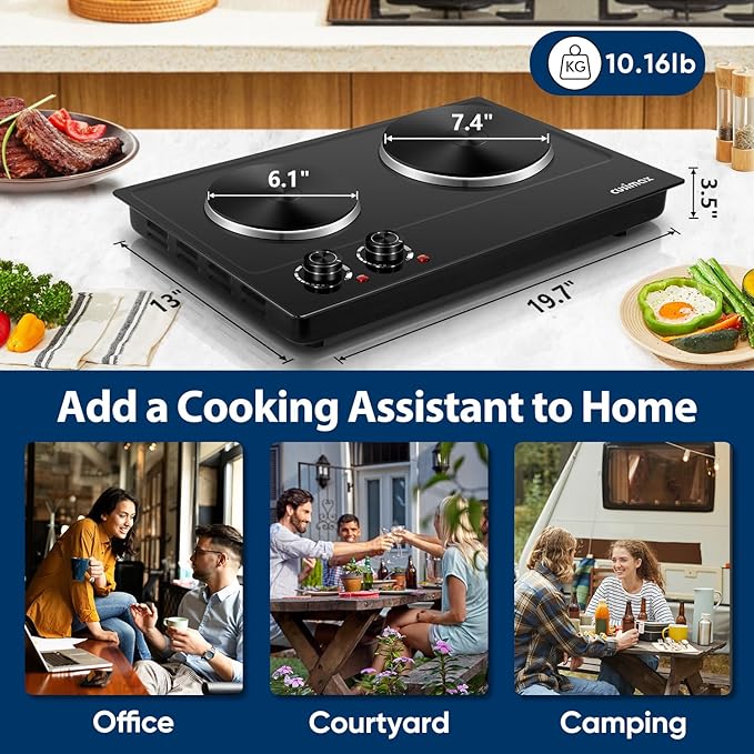 CUSIMAX Hot Plate, 1800W Electric Burner Double Hot Plate for Cooking Countertop Burner with Adjustable Temperature Control, Portable Electric Cast Iron Hot Plates Cooktop, Easy to Clean, Black