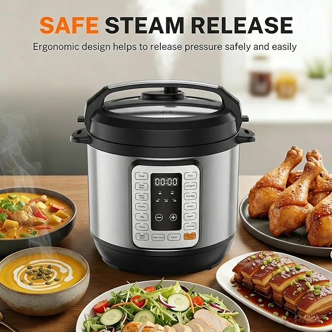 HealSmart 6QT Electric Pressure Cooker, 16-in-1 & Non-Stick Stainless Steel Multi Cooker with 12 Presets for Slow Cook, Meat Stew, Steam, Sauté, Canning, Yogurt Maker, Dishwasher Safe, Silver
