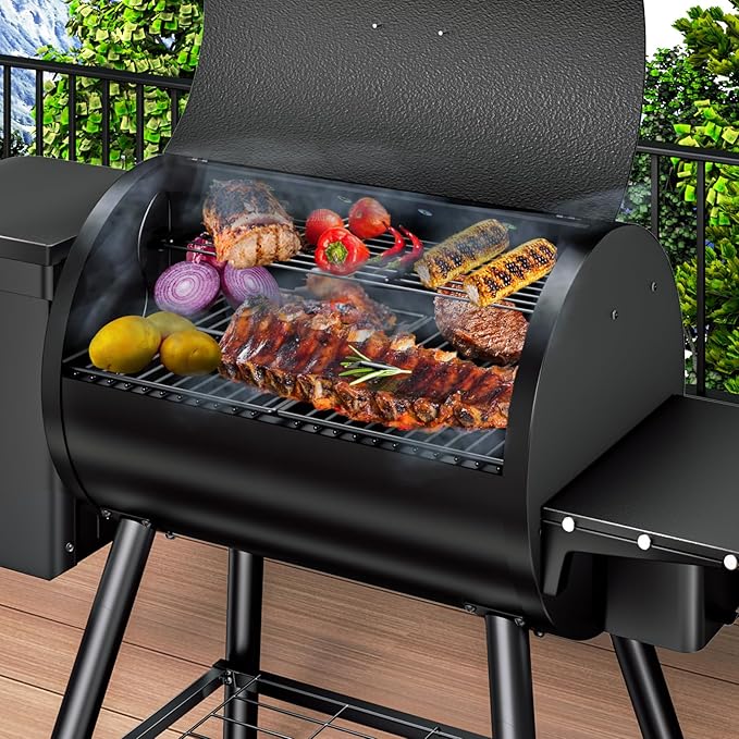 KingChii Electric Wood Pellet Grill & Smoker with Side Shelf, 456 SQ.IN Grill Capacity, with PID Temperature Control (180-425°F) for Backyard Camping Bake and Roast, Black