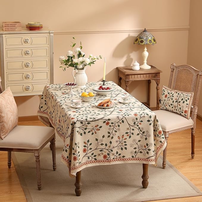 ISAENNE Designer Floral Table Cloth Rectangle,French Linen Light Beige Indoor Tablecloth,Fall Wrinkle Resistant Decor Tablecloths for Dining Thanksgiving Kitchen Party,55"*87"-Flora A