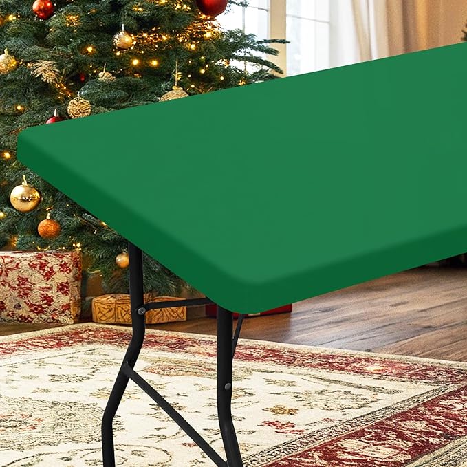 homing Rectangle Table Cloth Cover, Waterproof Polyester Elastic Fitted Tablecloth, Fits for 6 Foot Folding Tables, Washable Table Protector for Christmas, Holiday, Party (Hunter Green, 30" x 72")