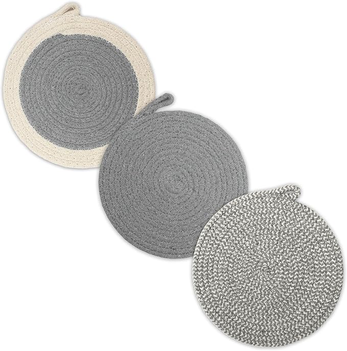 Encasa XO Round Trivet Mats for Hot Dishes with Hanging Loop | Grey Combo - Set of 3 with 7 inch Diameter | Cotton Round Thick Heat Resistant Pot Holders | Use Hot Pads Plate Mats for Hot Pots & Pans