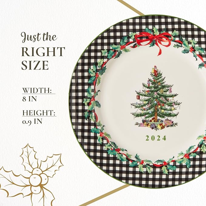 Spode Christmas Tree 2024 Annual Collector Plate - Exclusive Border with Red Ribbon & Black Check, Seasonal Display or Holiday Tableware Use, 8" Porcelain - Great Holiday Gift