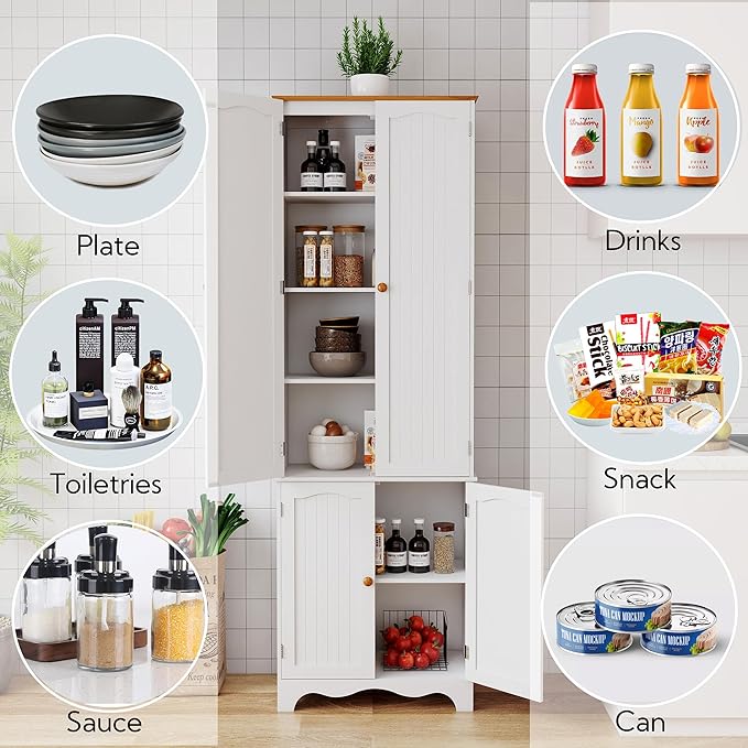 Yusong 72'' Tall Kitchen Pantry Cabinet, Freestanding Storage Cabinet with Doors and Shelves, Wooden Food Pantry Farmhouse Cupboard Buffet for Kitchen Dining Living Room, White