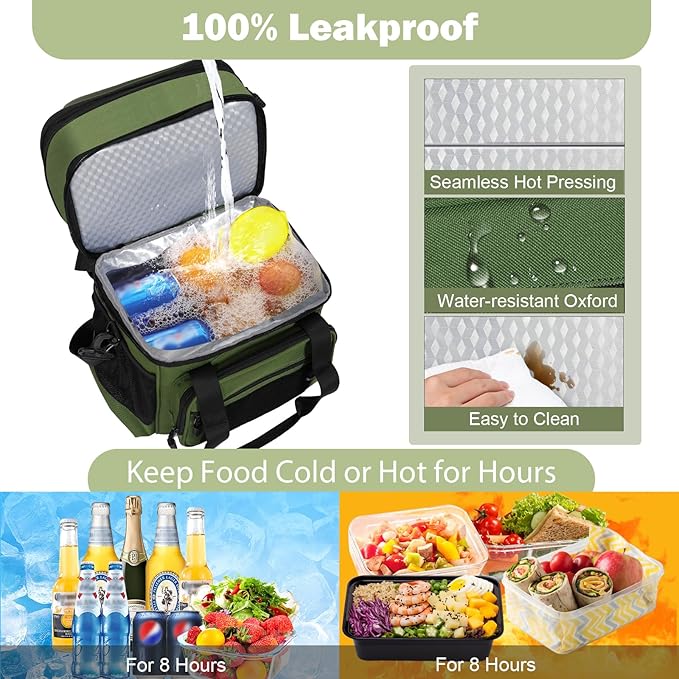 GLENKEY Tactical Lunch Box Cooler Bag - Expandable Insulated Lunch Bag for Men Women - Large Lunchbox for Adults Work Shifts Outdoor Trips Army Green 16L
