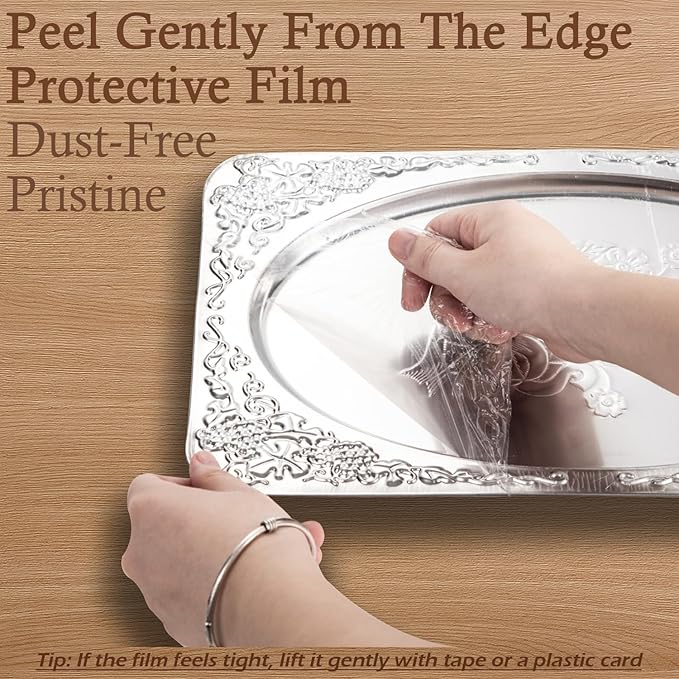 Elegant Dining Hosting Bundle: 4-Pack Vintage Floral Silver Serving Trays (11.4" x 7") & 20-Piece Hammered Silverware Set for 4, Premium Stainless Steel Party Platters and Lava Texture Cutlery Set