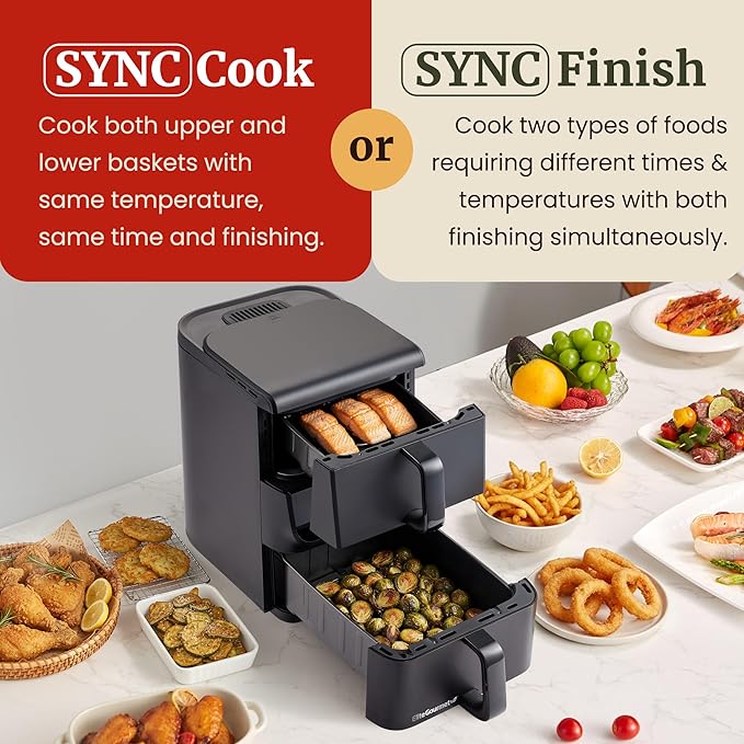 Elite Gourmet Dual Stacked Air Fryer, 10.5 Qt Total Capacity, PFAS-Free Nonstick Baskets, Sync Cook & Sync Finish, 10 Presets, 1700W, Black