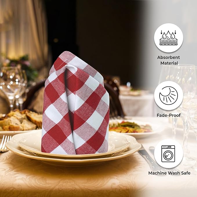 Urban Villa Cloth Dinner Napkins Set of 12 100% Cotton Red White Checks Highly Absorbent Washable Reusable Durable Ideal for Home Farmhouse Party Wedding Everyday Use