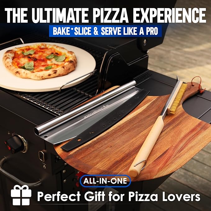 KitchenStar 16-inch Pizza Making Set, 6 PCS - Pizza Stone + Stainless Steel Rack, Acacia Wood Pizza Peel, Pizza Cutter Rocker + Protective Cover, Metal Brush - Oven & Grill Accessories Kit