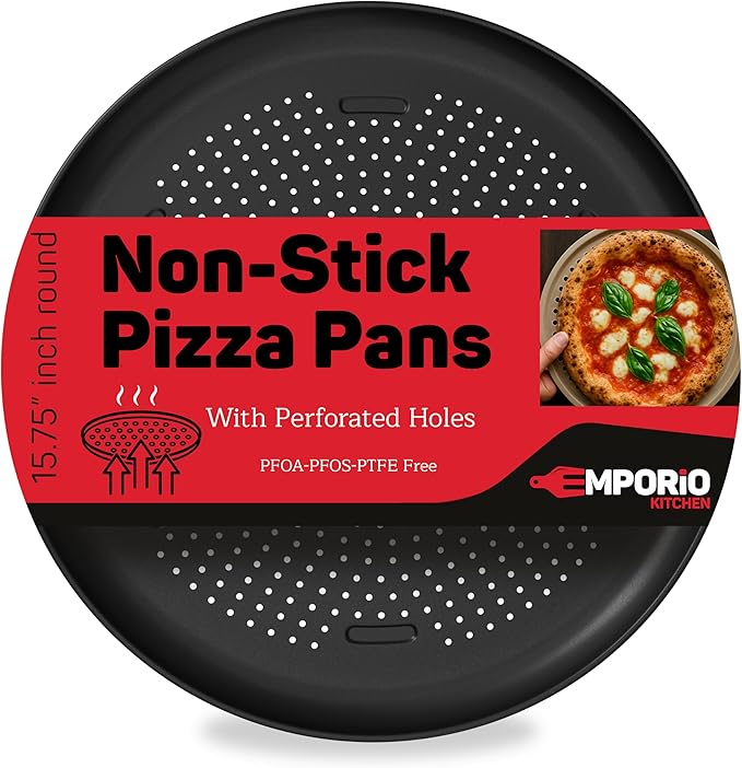 Emporio Kitchen Pizza Baking Pan - 15.75-Inch Round Perforated Carbon Steel Tray with Non-Stick Coating, Dishwasher Safe, Oven Safe (Up To 450° F), Airflow Design, PFOA, PFOS, PTFE Free, Gray