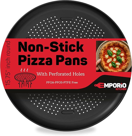 Emporio Kitchen Pizza Baking Pan - 15.75-Inch Round Perforated Carbon Steel Tray with Non-Stick Coating, Dishwasher Safe, Oven Safe (Up To 450° F), Airflow Design, PFOA, PFOS, PTFE Free, Gray