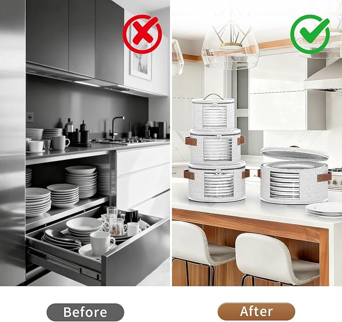 4 Piece China Storage Containers, Dish Storage Containers with Clear Windows, Hard Shell Plate Organizer with Handles, Stackable Stemware Storage Cases, Moving Boxes for Dishes, Plates, Light Gray