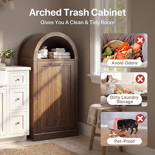 Arched Tilt-Out Trash Can Cabinet Set of 2,Laundry Hamper Cabinet with Foldable Laundry Basket,Wooden Hidden Garbage Can Cabinets with Metal Handle & Hooks,Walnut