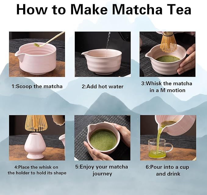 Matcha Whisk Set, 5 Pcs Matcha Kit for Matcha Lovers - Matcha Bowl with Spout, Matcha Whisk and Holder, Bamboo Matcha Scoop and Stainless Steel Sifter, Pink Ceramic Matcha Set