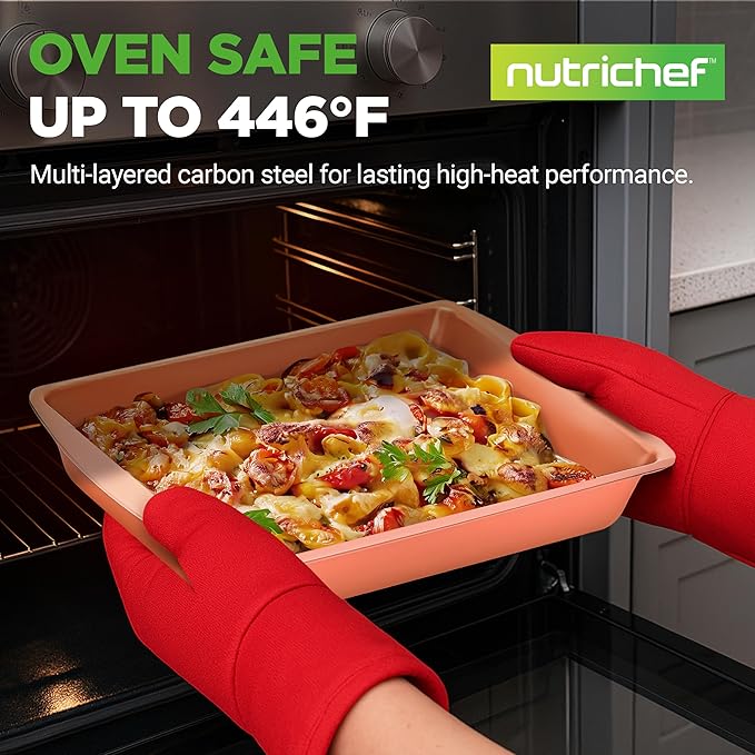 NutriChef 25-Piece Baking Pan Set, Nonstick Carbon Steel Bakeware, Includes 15 Cookie Sheets (3 Each 13", 17", 15") with Silicone Handles, 5 Rectangular Pans with Plastic Lids, PFOA/PFOS/PTFE Free