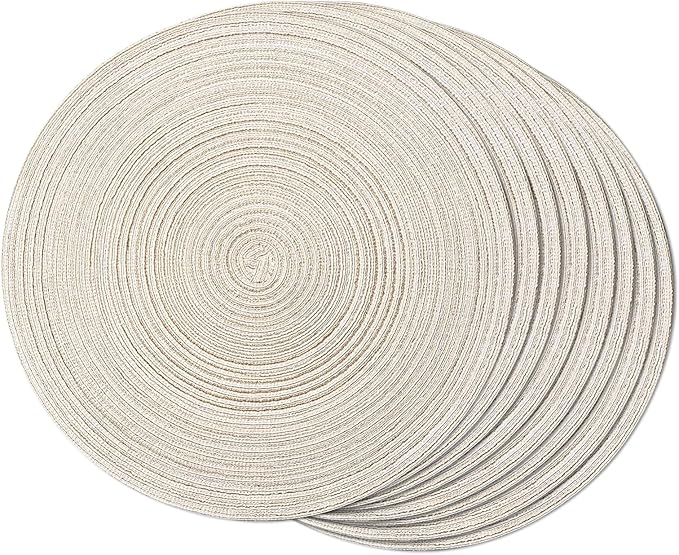 FunWheat Round Braided Placemats Set of 8 Place mats for Dining Tables Woven Heat Resistant Table Mats 15 inch (E Beige, 8pcs)