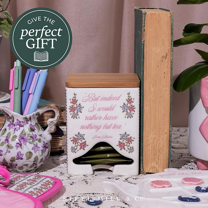 Steel Mill & Co Ceramic Tea Bag Dispenser with Bamboo Lid, Tea Storage Container for Kitchen Counter, Organizer for Tea Bags, Cute Bookish Gift for Tea Lovers (Jane Austen Quote)
