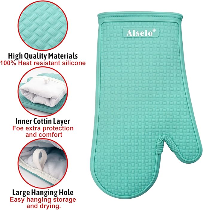 Alselo Oven Mitts Heat Resistant Silicone Kitchen Gloves for 550 Degrees with Waterproof and Non-Silp, Set of 2 Oven Gloves for Baking Cooking Barbecue Microwave Machine Washable (Blue, 2)