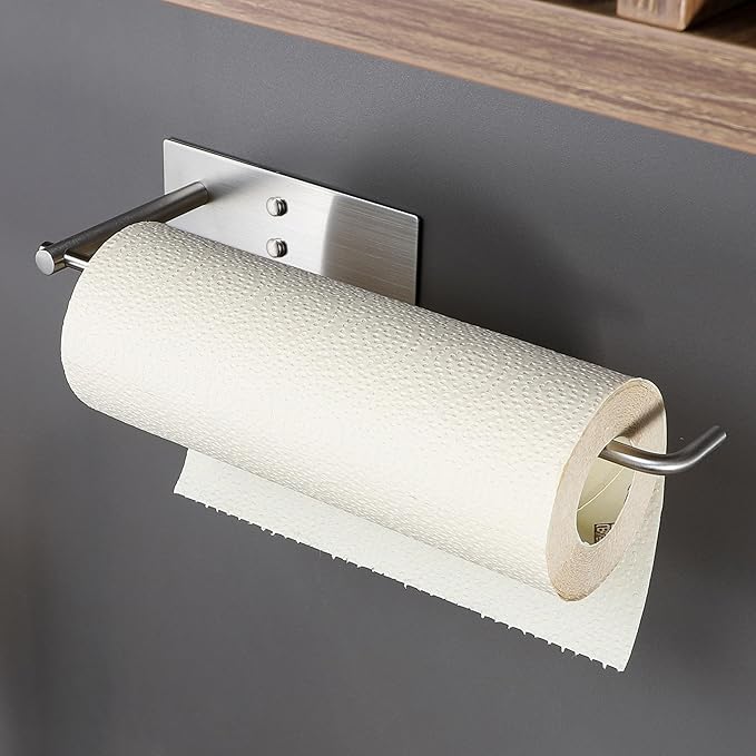 ZUNTO Paper Towel Holder Under Cabinet, Adhesive and Screwed Paper Towel Rack, 12.4 Inch Paper Towel Roll Holder for Kitchen, Bathroom, RV, Easy One-Handed Tear (Silver)