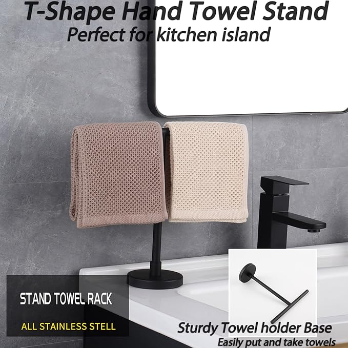 GERZWY Modern Hand Towel Holder Tree Rack Free Standing SUS 304 Stainless Steel Countertop Towel Ring, Matte Black DZY06-BK