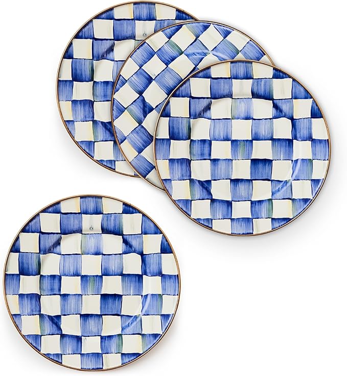 MACKENZIE-CHILDS Enamel Salad and Dessert Plate, Small Plate for a Dessert or Appetizer Dish, 8 Inches, Set of 4, Blue-and-White Royal Check