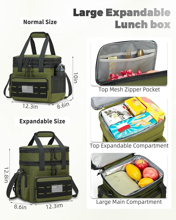 holuxer Tactical Lunch Bag & Lunch Box for Men - Large Double Deck Expandable Insulated Soft Adult Lunchbox for Work - Cooler Bag for Beach, Picnic, Camping,Outdoor，Travel (Green,16L)