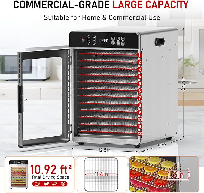 Food Dehydrator, 12 Stainless Steel Trays, 800W Electric Dehydrator Machine with Digital Timer & 194℉ Temp Control, 4 Presets, 10.9ft² Dehydrator for Food and Jerky, Fruit, Herbs, Dog Treats