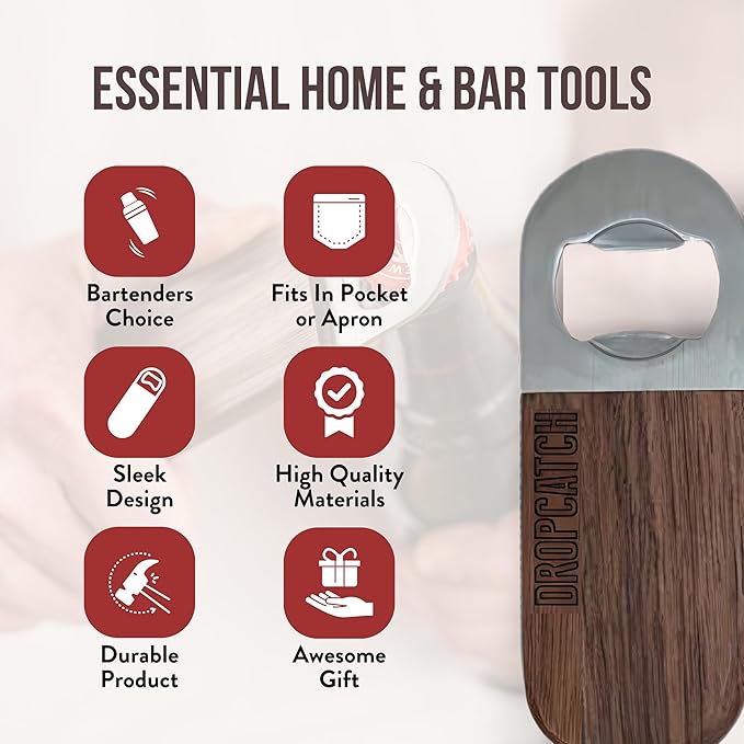 Dropcatch Handheld Bar Blade Bottle Opener | Flat Beer Cap Bottle Opener | Durable Bartender or Home Tool | Heavy Duty Stainless Steel & Walnut Finish | Mini 4.25” x 1.5”