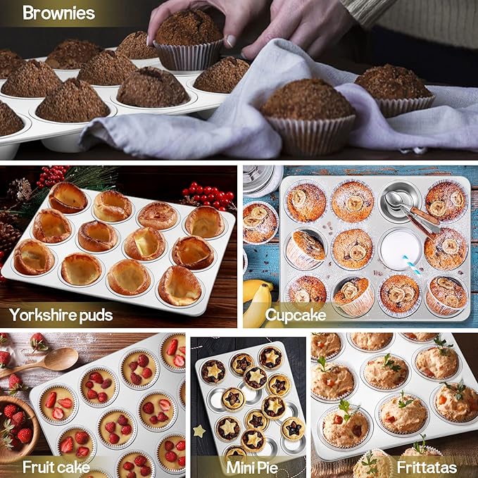 TeamFar 12-Cup Muffin Pan, Stainless Steel Muffin Tin Metal Cupcake Baking Pan for Oven, Regular Size & Non Toxic, Easy Clean & Dishwasher Safe