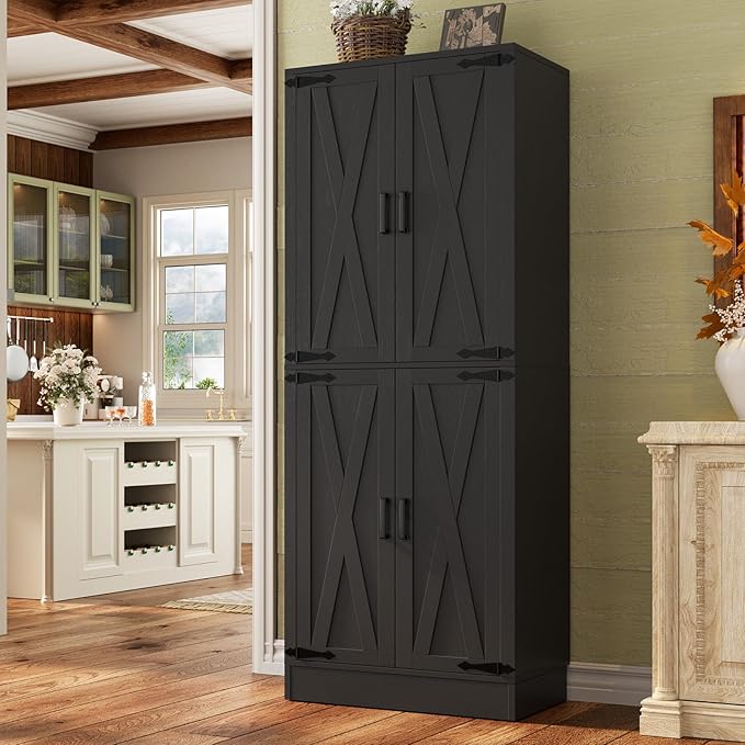 Unikito Kitchen Pantry Cabinet with Farmhouse Barn Doors and Storage Drawer, 4 Adjustable Shelves, Freestanding Tall 71" Cupboard for Kitchen, Dining Room, Living Room, Utility Room, Black