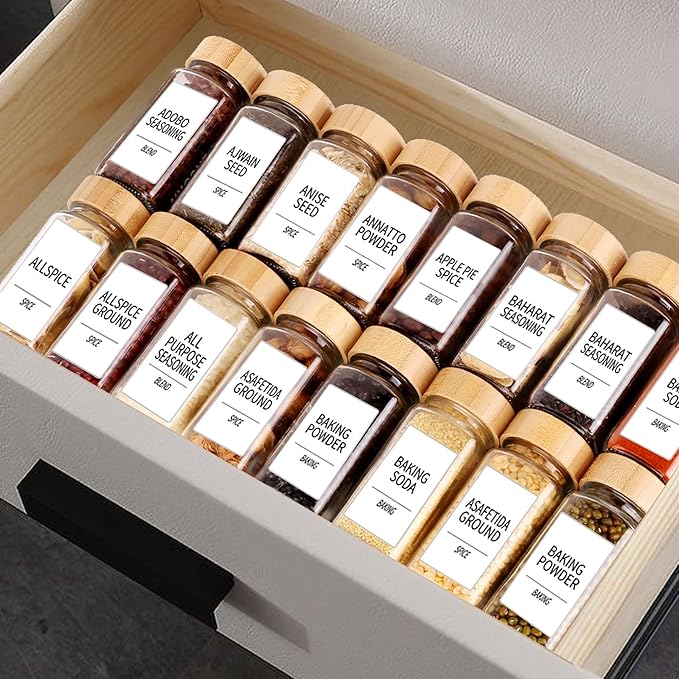 SWOMMOLY 24 Pcs Glass Spice Jars with Labels, Square Spice Jars with Bamboo Lids, 4 oz Empty Spice Bottles with Shaker Lids, Seasoning Spice Storage Containers Bottles