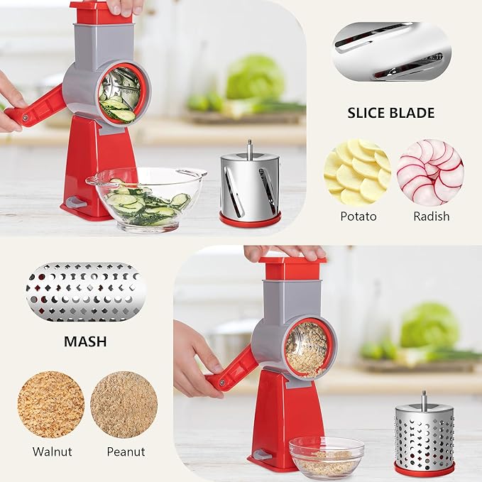 4-in-1 Rotary Cheese Grater Handheld, Lightweight Body with 4 Stainless Steel Blades & Non-Slip Suction Base, for Shredding Parmesan, Slicing Vegetables, Grating Chocolate（Red）