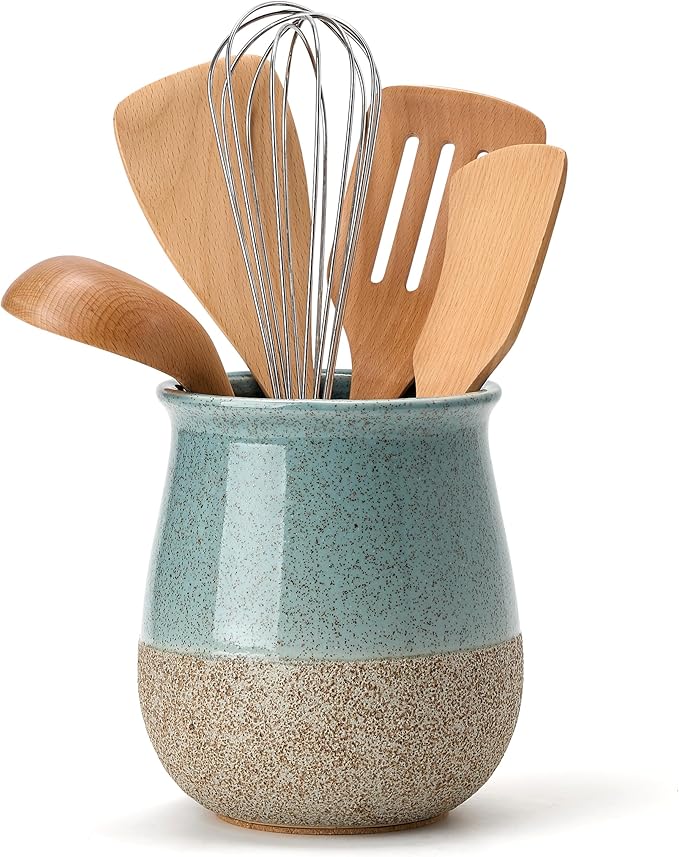 Utensil Holder for Kitchen Counter, Modern Farmhouse Cooking Utensil Holder and Crock Home Kitchen Decor, Ceramic Utensil Organizer for Spatula, Ladle, Eggbeater, Rolling Pin- Blue and Brown