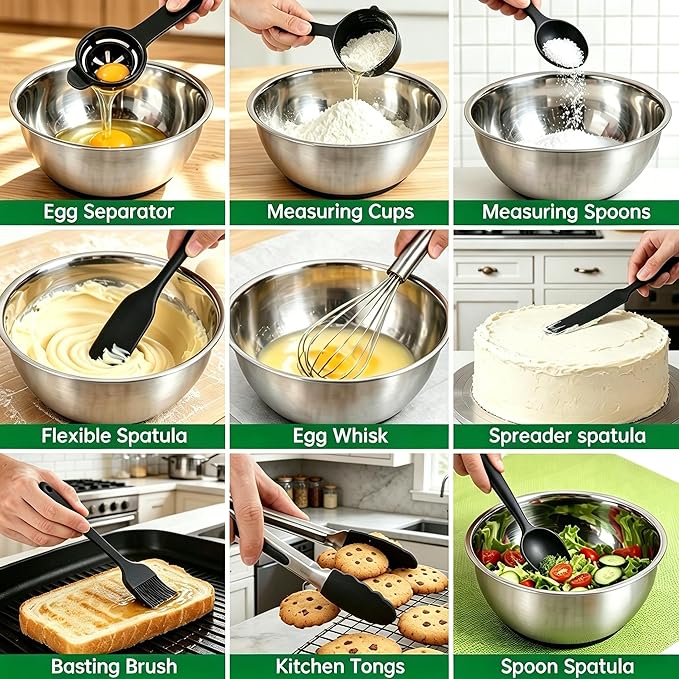 Deedro Premium Mixing Bowls with Airtight Lids Set, 22Pcs Thicker Stainless Steel Mixing Bowl Set, Large Prep Metal Bowls, Non-Slip Silicone Base Nesting Bowls for Kitchen, 1.5/2/3/4/5 QT, Black