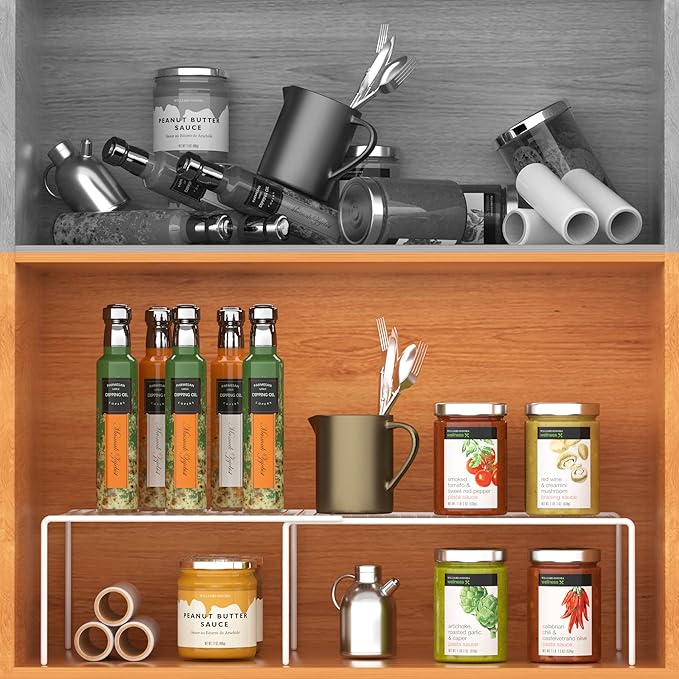 Kitchen Cabinet Expandable Shelf Organizers Set of 4, Adjustable Metal Wire Pantry Storage Shelves, Plate Dish Organizer Rack for Cabinets, Cupboard, Counter, Freezer, Countertop, White