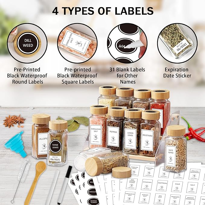 Aliggbent Spice Jars with Lable, 48 Pcs 4 oz Glass Spice Jars with Bamboo Lids, Spice Containers Bottles, Glass Seasoning Jars with Shaker Lids, Collapsible Funnel, for Spice Racks, Pantry,Cupboard
