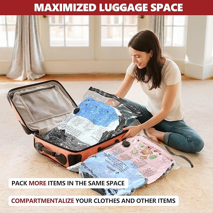 SUOCO Travel Vacuum Bags for Luggage with Portable Electric Pump, 8 Large Packing Seal Bags for Clothing Suitcase Backpack, Space Saver Compression Clothes Storage Bags