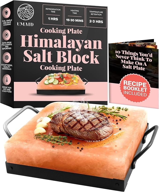 UMAID Himalayan Salt Block Cooking Plate 8x8x1.5 for Cooking, Grilling, Cutting and Serving, Food Grade Rock Salt Stone On Steel Tray with Recipe Pamphlet Unique Gifts for Men, Women, Dads & Cooks