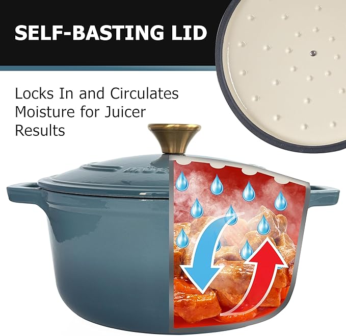 MUELLER HOME 6 Quart Enameled Cast Iron Pot Dutch Oven, Heavy-Duty, Oven-Safe up to 500° F & Across All Cooktops, Bread Pan with Lid & Knob, Cast Iron Cookware, Blue Kitchen Accessories, Mineral Blue