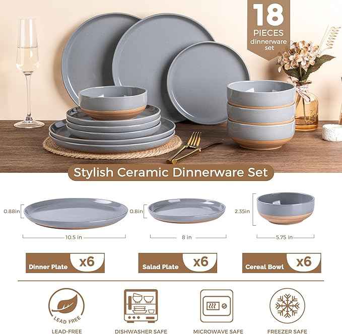 AmorArc Ceramic Dinnerware Sets for 6, 18 Pieces Handpainted Plates and Bowls Set with Rustic Terracotta Underside, Scratch Resistant Stoneware Dishes Set, Dishwasher & Microwave Safe, Gray