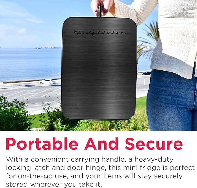 Frigidaire Mini Personal Fridge Cooler, Countertop, Holds Up to 10L/15 Cans, Brushed Black Stainless Rugged Design, Portable for Skincare, Makeup, Car, Office, Bedroom, Dorm Room, or Cabin