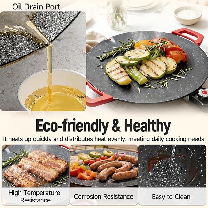 Low-Smoke Electric Grill Pan Indoor Nonstick Griddle 800W/1000W 5 Heat Settings with Random 4-Piece Accessories Easy to Clean